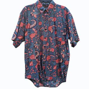 Vintage Chaps Ralph Lauren Mens Blue Red Floral Pocket Button Down Shirt Large